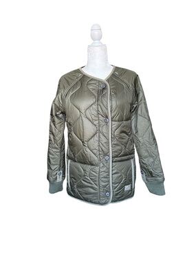 Aritzia TNA Griffith Quilted Liner Jacket Olive Green Collarless Button Front-S
